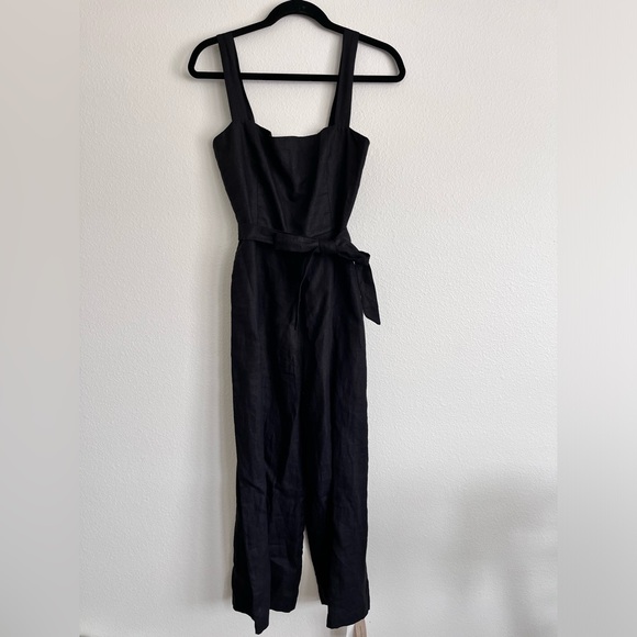 Reformation Birch Jumpsuit Black 100% linen belted wide leg size 8 petite - Picture 3 of 16
